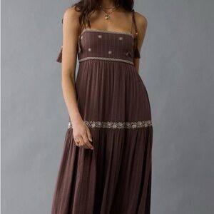 American Eagle Outfitters Brown Maxi Dress with Embroidery